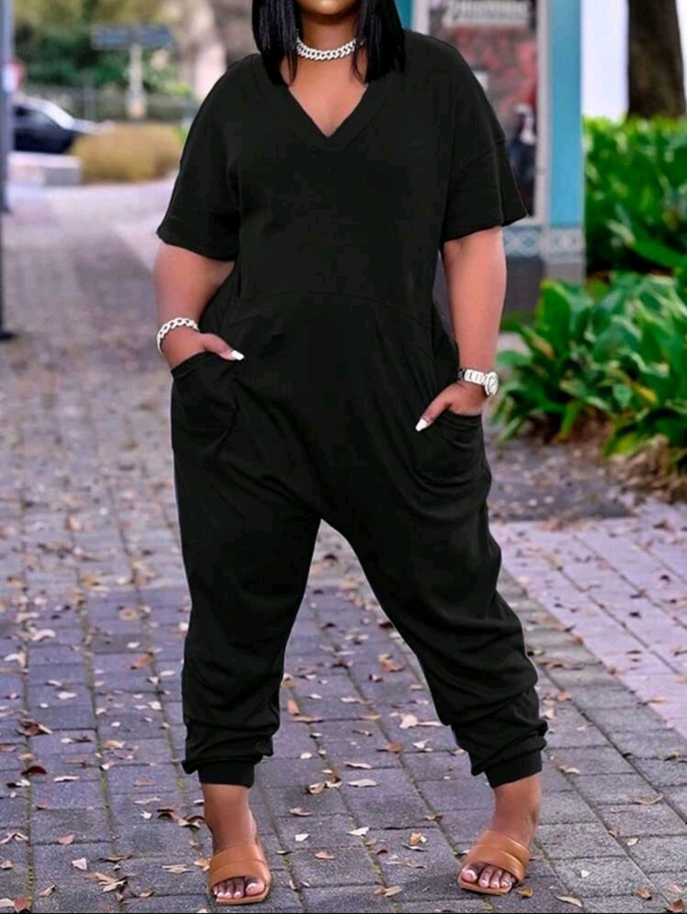 Black V-Neck Short Sleeve Jumpsuit W/ Pockets Size 16 18 20